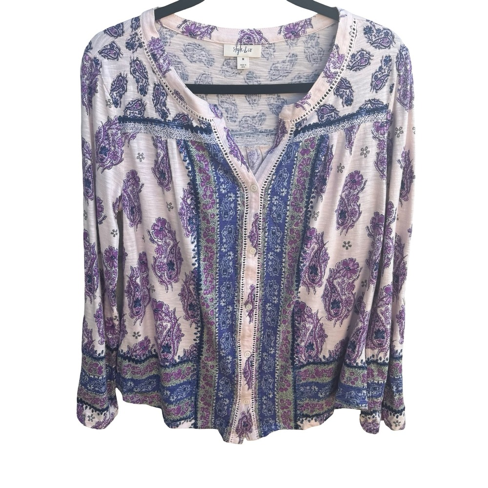 Style & Co Paisley Boho Hippie Gypsy Crochet Slub Knit Peasant Blouse Purple M